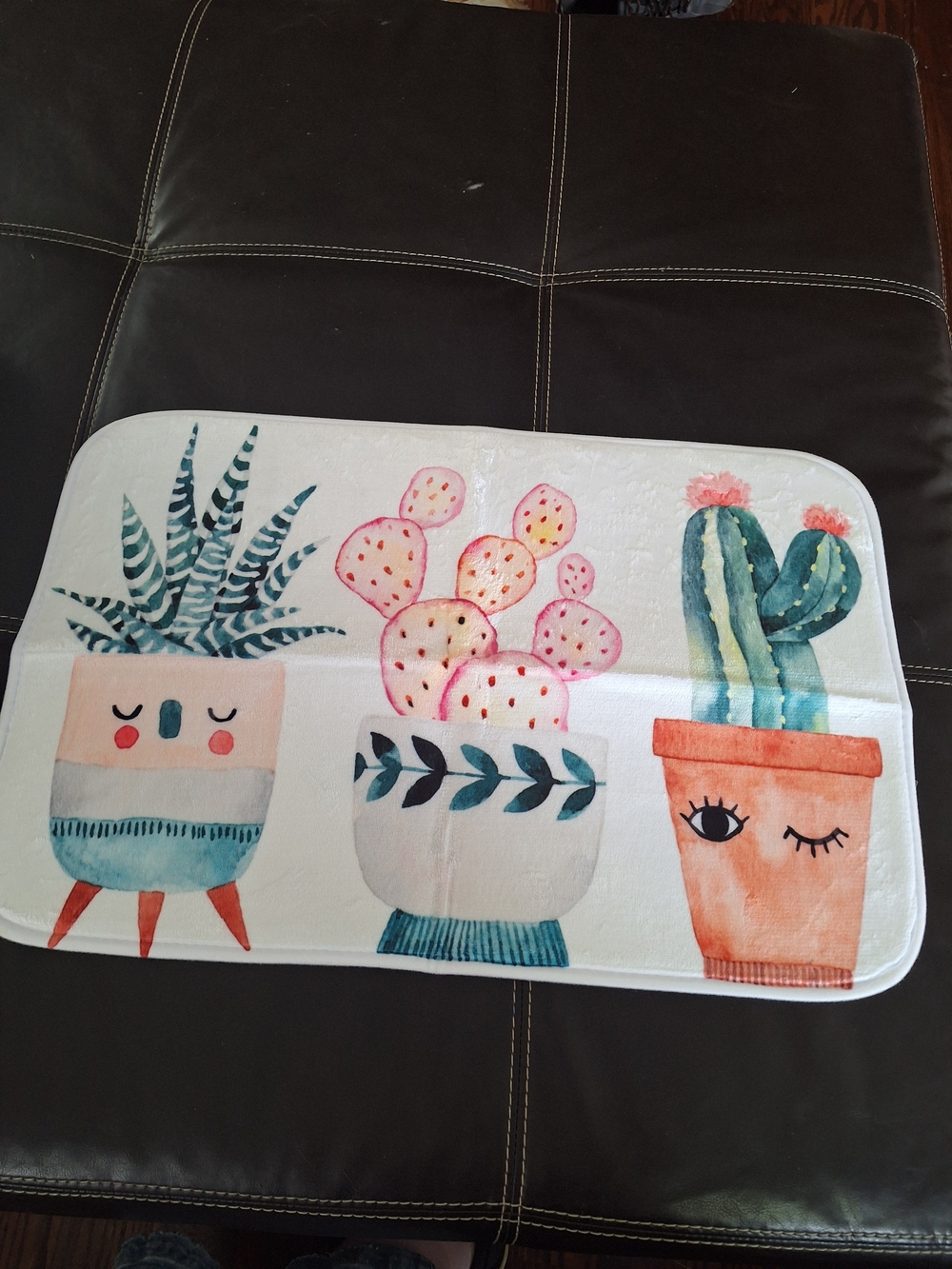 Whimsical Cactus Bath Mat - White with Teal, Pink & Orange